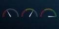 Gauge or meter indicator set. Speedometer icon with red, yellow, green scale and arrow. Progress performance chart. Vector Royalty Free Stock Photo